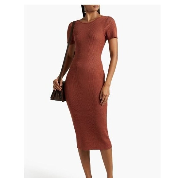 Naadam Xs Ribbed Knit Twist Back Cutout Midi Dress Rust Brown Cashmere Blend
